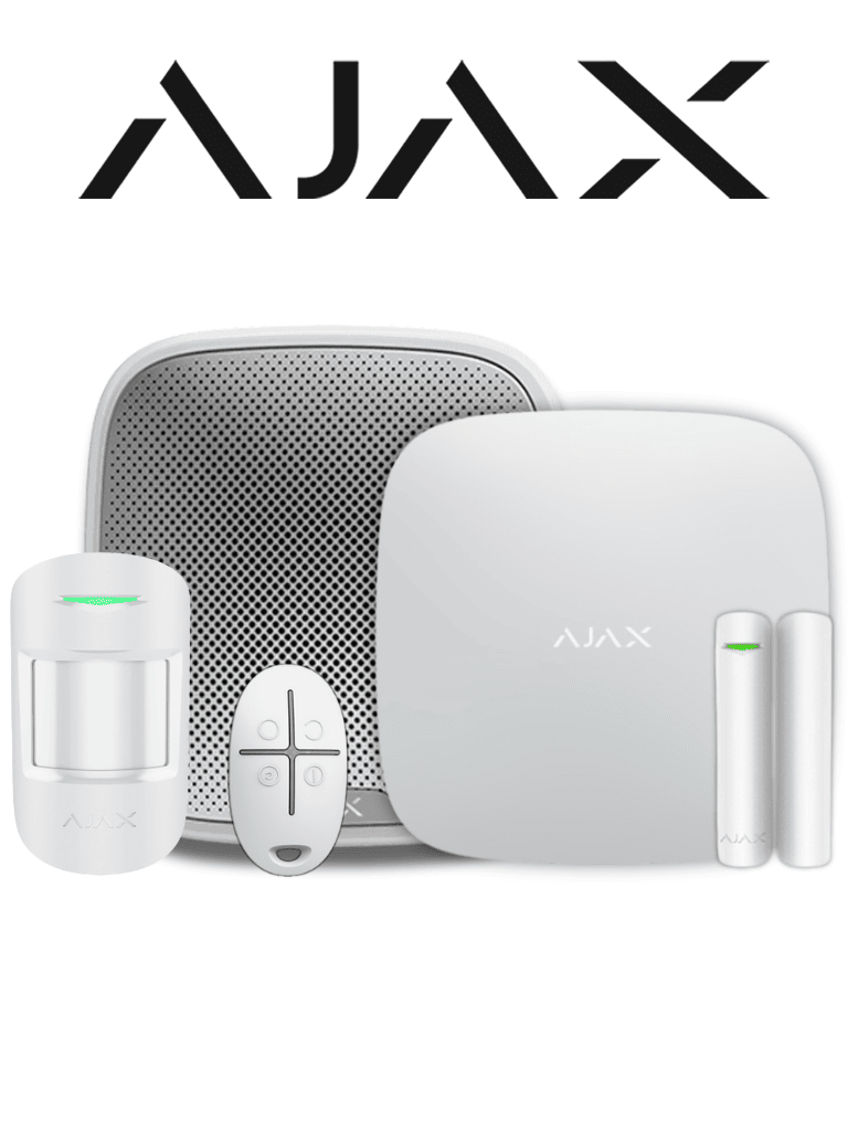 AJAX KIT BASIC EXT - Panel de alarma Hub 4G conexión ETHERNET con 1 ranura  4G color Blanco / APP “AJAX PRO” iOS y Android , 1 sensor de movimiento, 1 detector para puerta o ventana, 1 control remoto y una sirena EXTERIOR inalámbrica