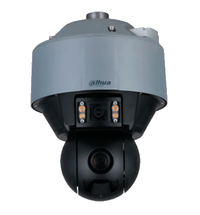 DAHUA DH-SDT5X405-4F-QA Cámara PTZ Dual de 4MP con IA, WizMind y visión multivisión. Incluye lente panorámico de 6mm y zoom 10-50mm para detalles precisos, IR de 100m, y soporte para reconocimiento y captura de rostros. #MV