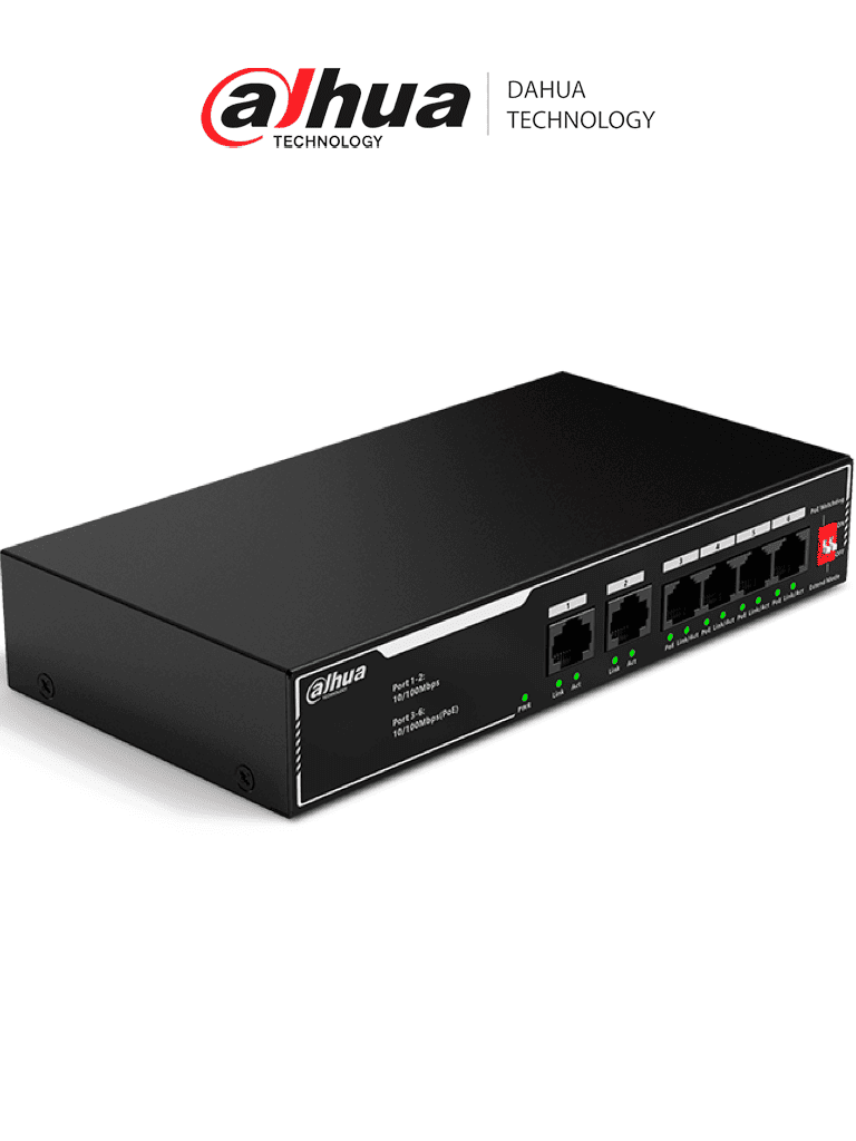 DAHUA DH-SF1006LP - Switch PoE de 6 Puertos Fast Ethernet/ 4 Puertos PoE 10/100/ 36 Watts Totales/ 2 Puertos Uplink RJ45 10/100/ PoE Watchdog/ Soporta hasta 250mts sobre UTP CAT 6/ Protección Contra Descargas/
