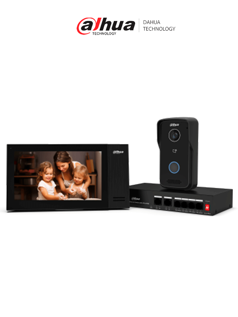 DAHUA KITKTP02 -V2 - Kit de Videoportero IP/ Monitor de 7 Pulgadas con Memoria Embebida de 8 GB/ 6&1 E&S de Alarma/ Frente de Calle IP65/ Apertura Remota/ Soporta Apertura Remota y con Tarjetas Mifare (IC Card)/ Switch de 4 Puertos PoE 10/100/ #VDP