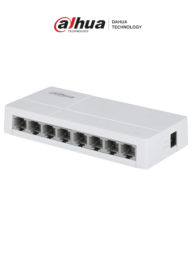 DAHUA DH-SF1008L - Switch de Escritorio con 8 puertos Fast Ethernet (10/100 Mbps), diseño compacto de capa 2, con capacidad de switching de 1.6 Gbps y velocidad de reenvío de Kits de 1.19 Mpps. Ideal para redes eficientes y compactas.