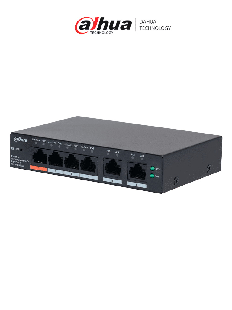 DAHUA DH-CS4006-4ET2ET-60 - Switch PoE de 6 Puertos Administrable con 4 PoE (10/100 Mbps) y 2 uplink (10/100 Mbps). Total de 65 W PoE, administración en la nube con DoLynk Care, carcasa metálica robusta, ideal para redes IP.#LoNuevo