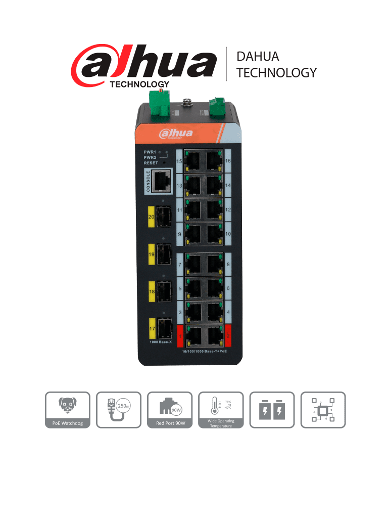DAHUA DH-IS4420-16GT-240 Switch industrial administrado gigabit / 20 puertos/ 16 puertos PoE (administrado)/ PoE wathcdog/ Switching 56 Gbps