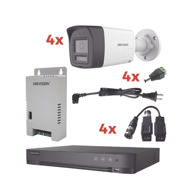 Kit Audio Bidireccional TurboHD 1080p / DVR 4 Canales / 4 Cámaras Bala (Exterior) con Bocina y Microfóno Integrado / 1 Fuente de Poder / Accesorios