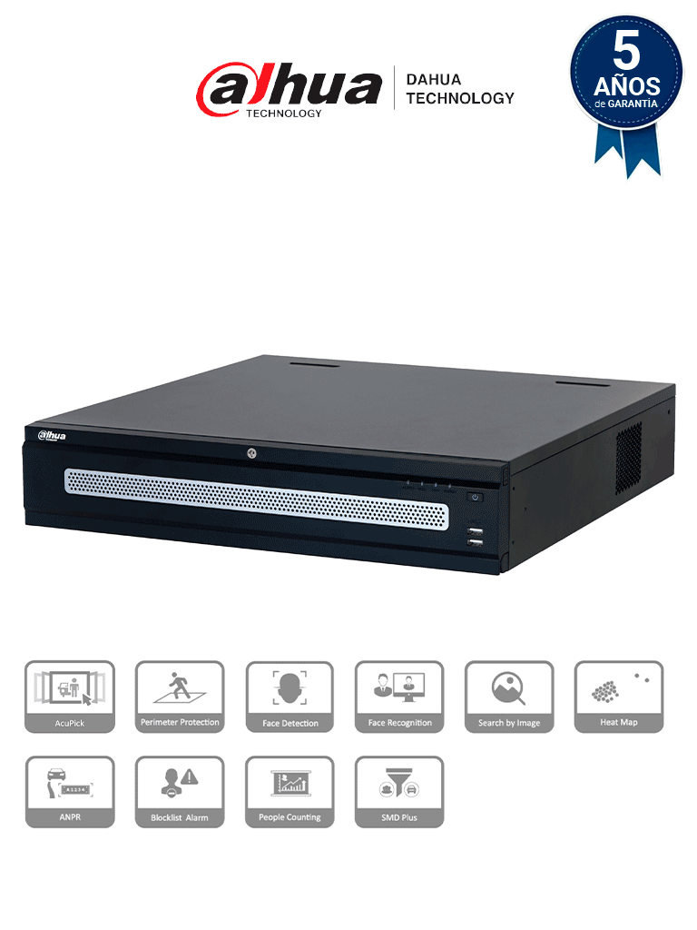 DAHUA DHI-NVR608RH-128-XI - NVR con tecnología Acupick y WizMind 128 canales 32MP, 8HDD, 1024Mbps. Clúster N+M, RAID0/1/5/6/10, Hot Swap. Detección de rostros, metadatos, protección perimetral, SMD Plus, y soporte IA por cámara.