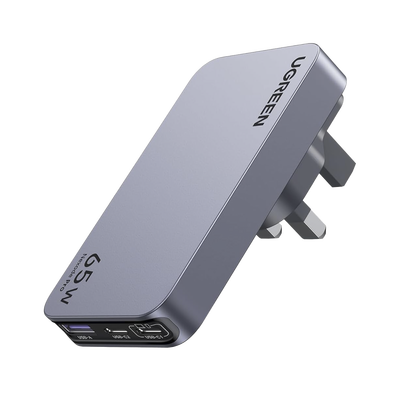 Cargador rápido de viaje GaN de 3 puertos y 65 W con enchufes de EE. UU., Reino Unido y UE.