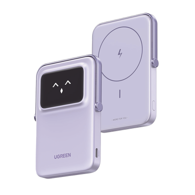 Power Bank Inalambrico | 5000mAh | 7.5W  |  Con Emojis de Estado | Carga Rápida USB-C Bidireccional  | Pantalla TFT  Inteligente | 13 niveles de Proteccion | Con Holder | Color Purple.