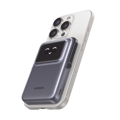 Power Bank Serie UNO Inalambrico | 10000mAh | 7.5W/20W  |  Con Emojis de Estado | Carga Rápida USB-C Bidireccional  | Pantalla TFT  Inteligente | Con Holder | Color Grey.