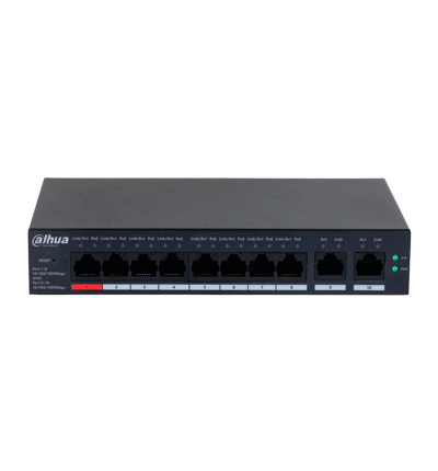 DAHUA DHCS40108GT110 - Switch de 10 Puertos Gigabit / 8 Puertos PoE / 2 Puertos Uplink 10/100/1000/ 110 Watts Totales / Switching 20 Gbps / Tasa de Reenvio de Paquetes 14.88 Mbps / PoE Watchdog / Plataforma DoLynk Care