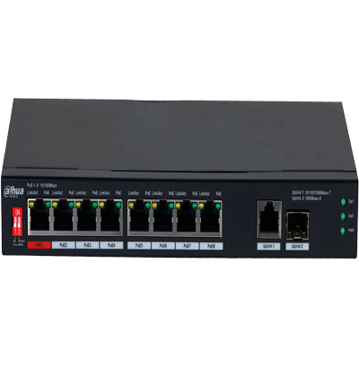 DAHUA PFS3110-8ET1GT1GF-96 -Switch PoE de 10 Puertos/8 Puertos Poe 10/100/1Puerto SFP de1000 Mbps/1 Puerto Uplink de 10/100/1000/ 96 Watts Totales/ Alimentación hasta 250 Mts/Soporta PoE Whatchdog/Puerto Rojo soporta IEEE 802.3bt/#SwitchD2 #REM #MCI2 #RMM