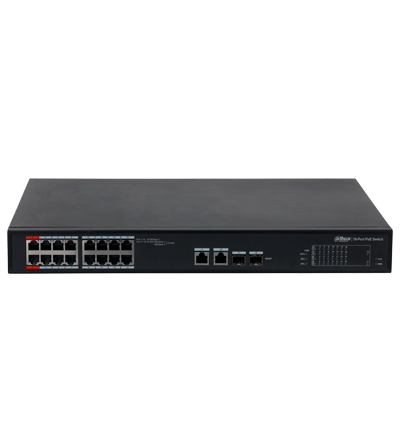 DAHUA DH-S4101-16ET2GF-240-C  Switch PoE Administrable en la nube de 18 Puertos Ethernet/ 16 Puertos PoE/ 240 Watts Totales/ 2 Puertos SFP/2 Puertos Uplink/ PoE Watchdog/ Switching 7.2 Gbps/ Plataforma Dolynlk care