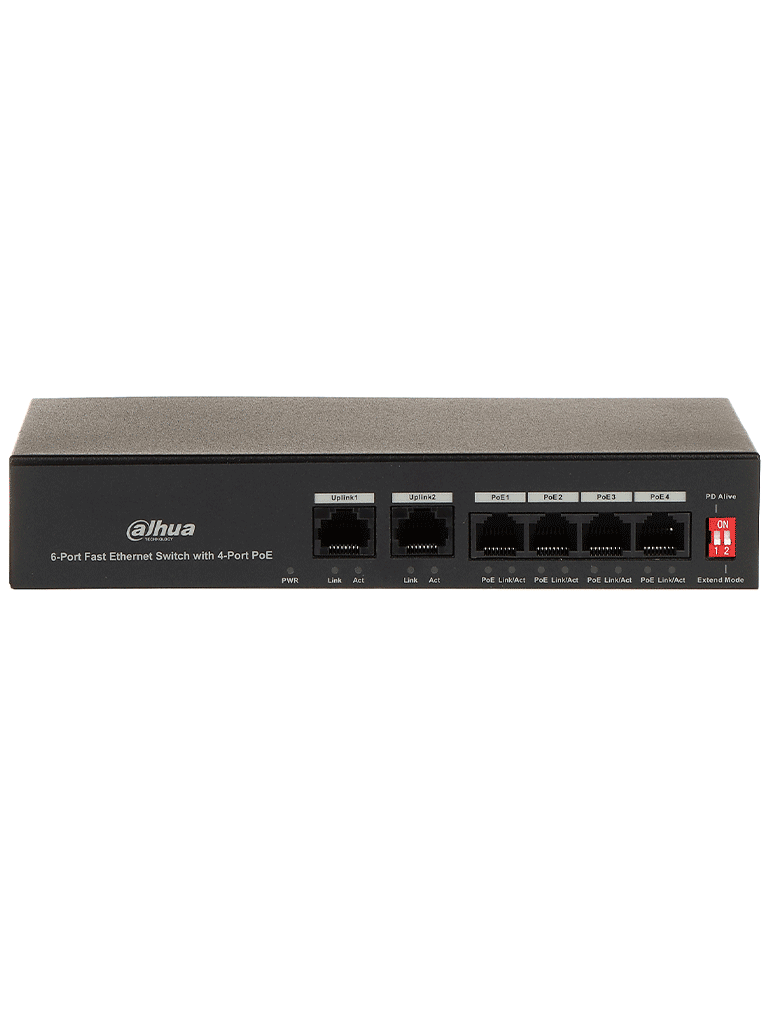 DAHUA PFS3006-4ET-36 - Switch PoE de 6 Puertos Fast Ethernet/4 Puertos PoE 10/100/ 2 Puertos uplink 10/100/ 36 Watts Totales/ Switching 1.2 Gbps/ Tasa de Reenvio de Paquetes .89 Mbps/ con Protección de Descargas #SwitchD1 #BuenFinDahua20 #REM #MCI2 #RMM