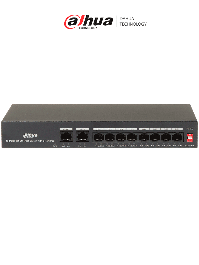 DAHUA PFS3010-8ET-65 - Switch Poe de 10 Puertos Fast Ethernet/ 8 Puertos Poe/ 2 Puertos Uplink/ 65 Watts Totales/ Soporta PoE Watchdog/ Switching 2.0 Gbps/ Con Protección de Descargas/ #BuenFinDahua20