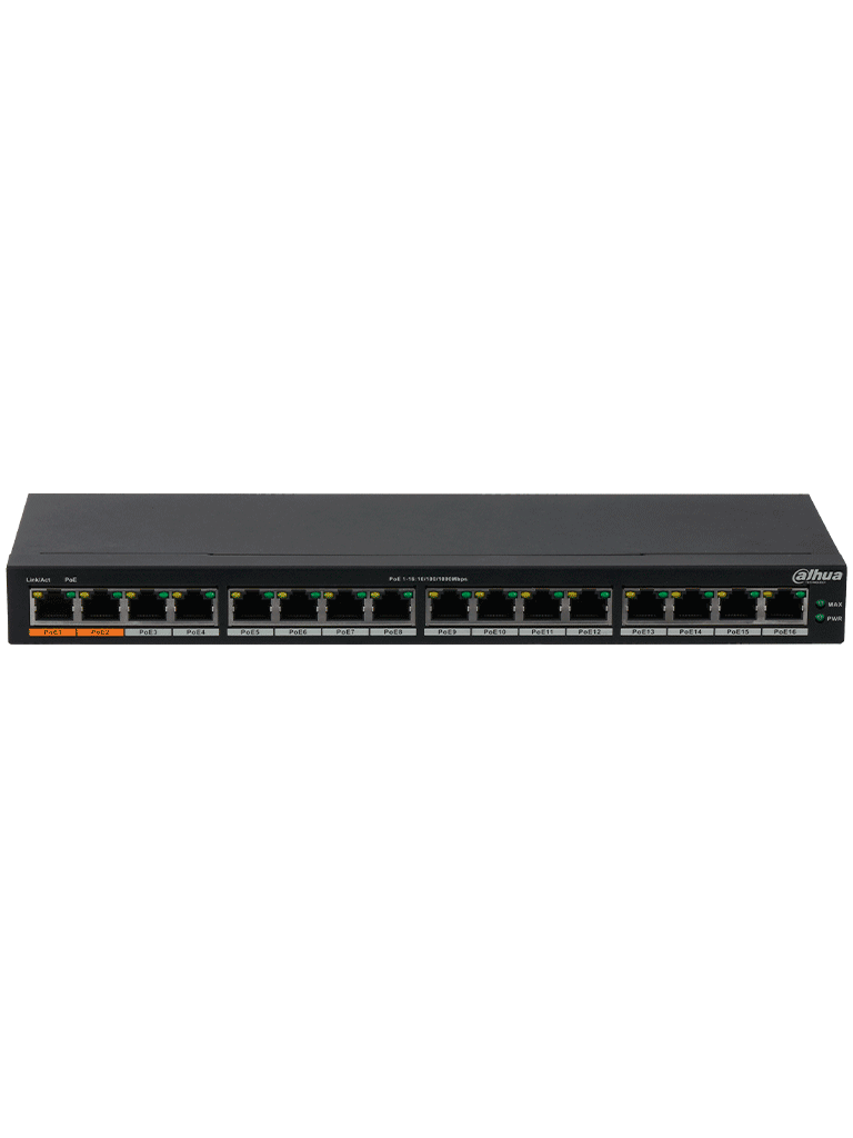 DAHUA DH-PFS3016-16GT-190 - Switch Poe Gigabit de 16 Puertos PoE Gigabit/ 190 Watts Totales/ Los 2 Puertos Naranjas Soportan Hi-PoE Estandar/ Switching 32 Gbps/ Tasa de Reenvio de paquetes 23.808 Mbps/ Protección Contra Descargas/