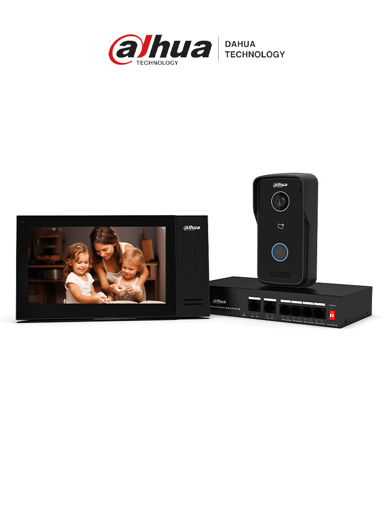 DAHUA DHI-KTP02 - Kit de videoportero IP con monitor táctil de 7" de 8GB de memoria embebida, soporte para alarmas 6&1, frente de calle con apertura remota y tarjetas Mifare (IC Card). Incluye un switch PoE de 4 puertos 10/100.