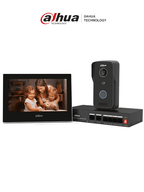 DAHUA DHI-KTP03 - Kit de Videoportero: Monitor de 7", frente de calle IP65 con visión IR, apertura remota, y control de 1 puerta. Incluye switch PoE de 4 puertos 10/100 y 2 puertos uplink. Protección y acceso inteligente en un solo sistema.