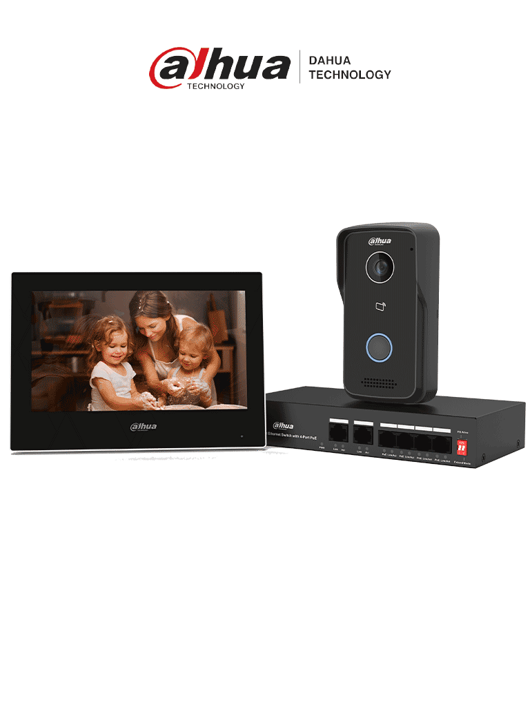 DAHUA DHI-KTP03 - Kit de Videoportero: Monitor de 7", frente de calle IP65 con visión IR, apertura remota, y control de 1 puerta. Incluye switch PoE de 4 puertos 10/100 y 2 puertos uplink. Protección y acceso inteligente en un solo sistema.