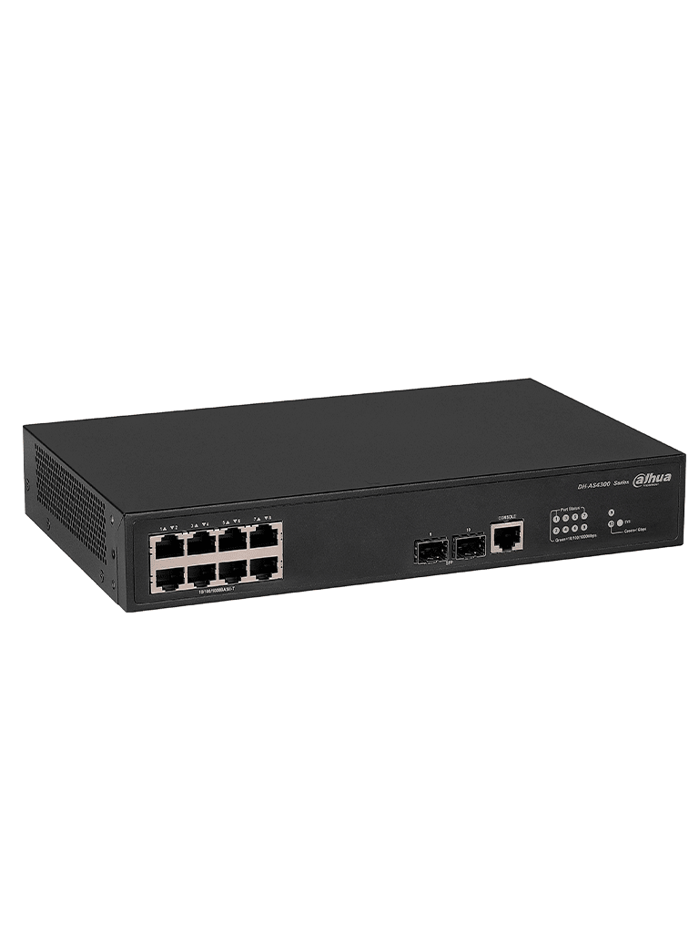 DAHUA DH-AS4300-8GT2GF- Switch Gigabit administrable de capa 2 con 8 puertos10/100/1000 Base-T y2 ranuras SFP d 1Gbps. Ofrece una capacidad de switching de 20Gbps y viene con una robusta carcasa metálica, ideal para redes de alto rendimiento #REM