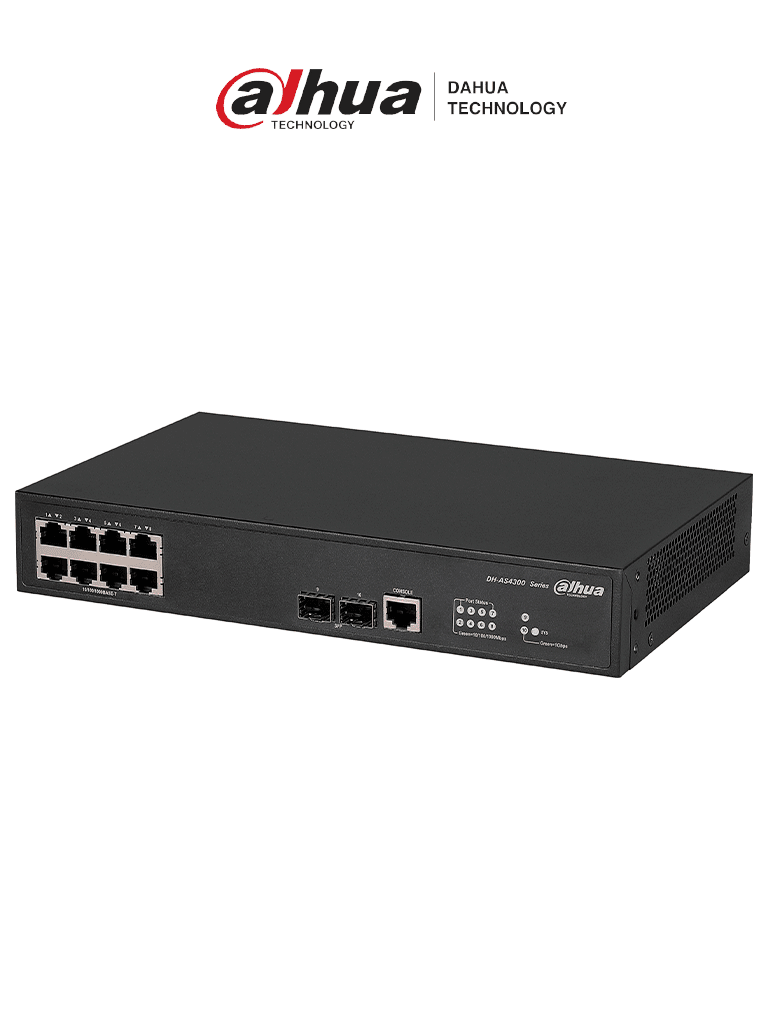 DAHUA DH-AS4300-8GT2GF- Switch Gigabit administrable de capa 2 con 8 puertos10/100/1000 Base-T y2 ranuras SFP d 1Gbps. Ofrece una capacidad de switching de 20Gbps y viene con una robusta carcasa metálica, ideal para redes de alto rendimiento #REM