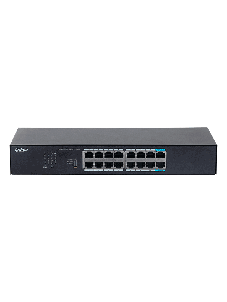 DAHUA DH-S3016-16GT- Switch Gigabit de 16 Puertos No Administrable de capa 2, con velocidad 10/100/1000 Mbps, capacidad de conmutación de 32G, tasa de reenvío de 23.8 Mbps y protección contra descargas.