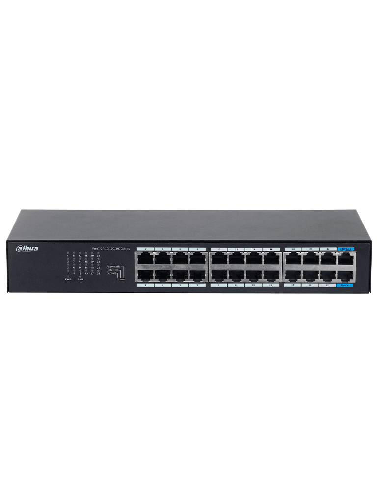 DAHUA DH-S3024-24GT - Switch Gigabit de 24 puertos no administrable, Capa 2, Carcasa metálica, switching de 48G, tasa de reenvío de 35.7 Mbps, memoria buffer de 8.4Mb, y protección avanzada contra descargas.