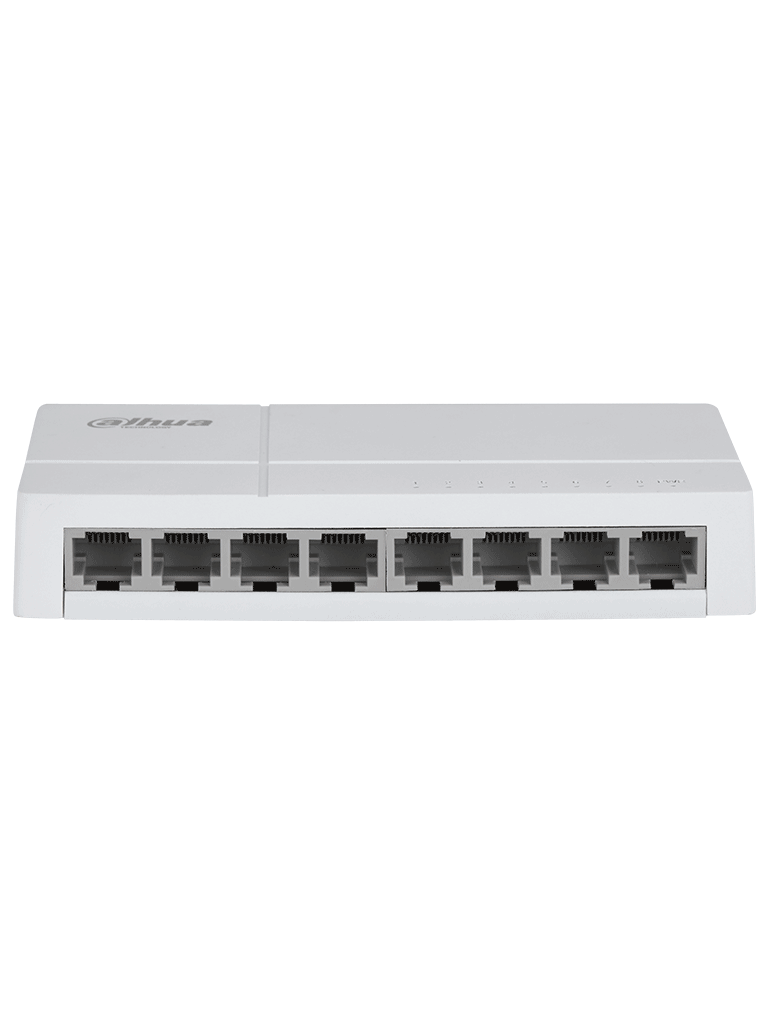DAHUA DH-SF1008L - Switch de Escritorio con 8 puertos Fast Ethernet (10/100 Mbps), diseño compacto de capa 2, con capacidad de switching de 1.6 Gbps y velocidad de reenvío de Kits de 1.19 Mpps. Ideal para redes eficientes y compactas.