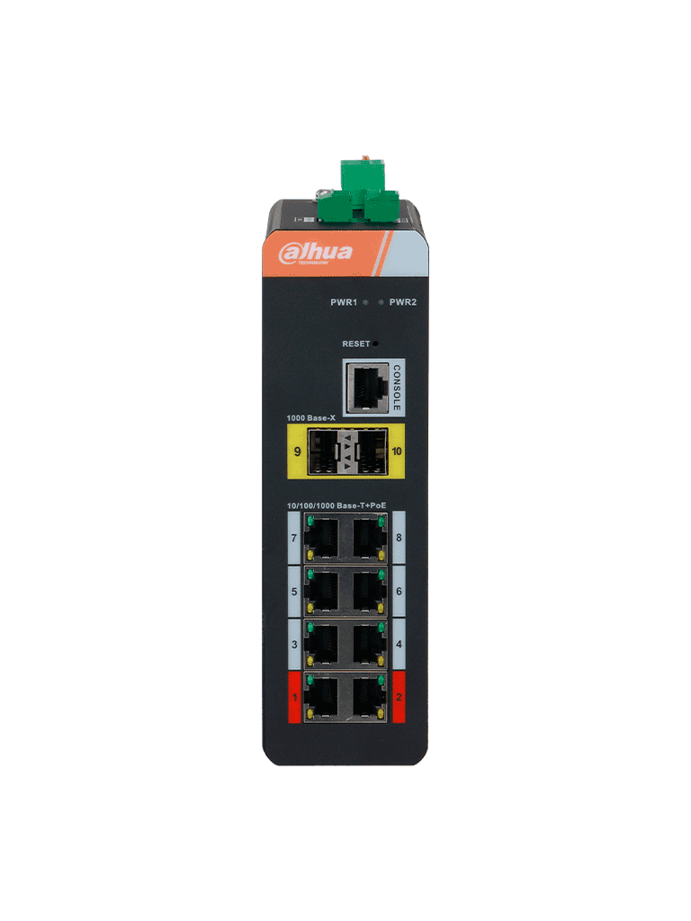 DAHUA IS4210-8GT-120 Switch  PoE  Gigabit Grado industrial de 10 puertos con 8 puertos PoE / PoE Watchdog/ Administrable Capa 2/ 8 Puertos PoE Gigabit/250 m de transmisión PoE de larga distancia (10 Mbps)/ Fuente de alimentación redundante