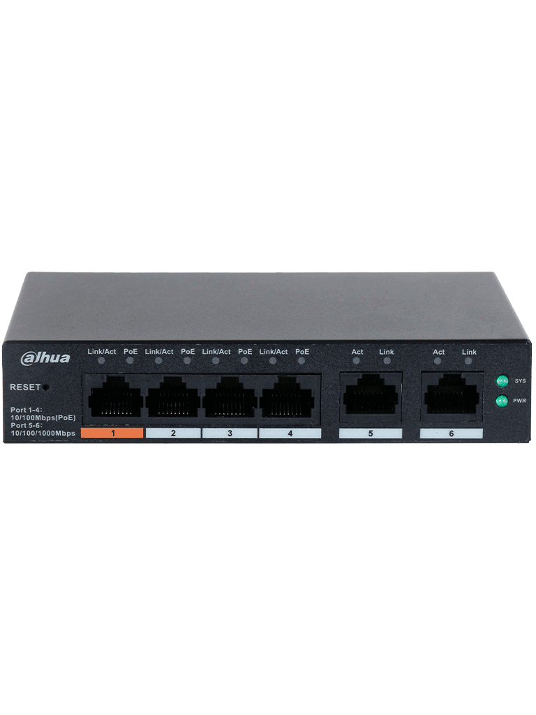 DAHUA CS4006-4ET-60 - Switch PoE de 6 Puertos Administrable/ 4 Puertos PoE 10/100/ 2 Puertos Uplink 10/100/1000/  60 Watts Totales/ Administrable en la Nube/ PoE Hasta 250 Metros/ Carcasa Metalica/ Switching 4.8 Gbps/