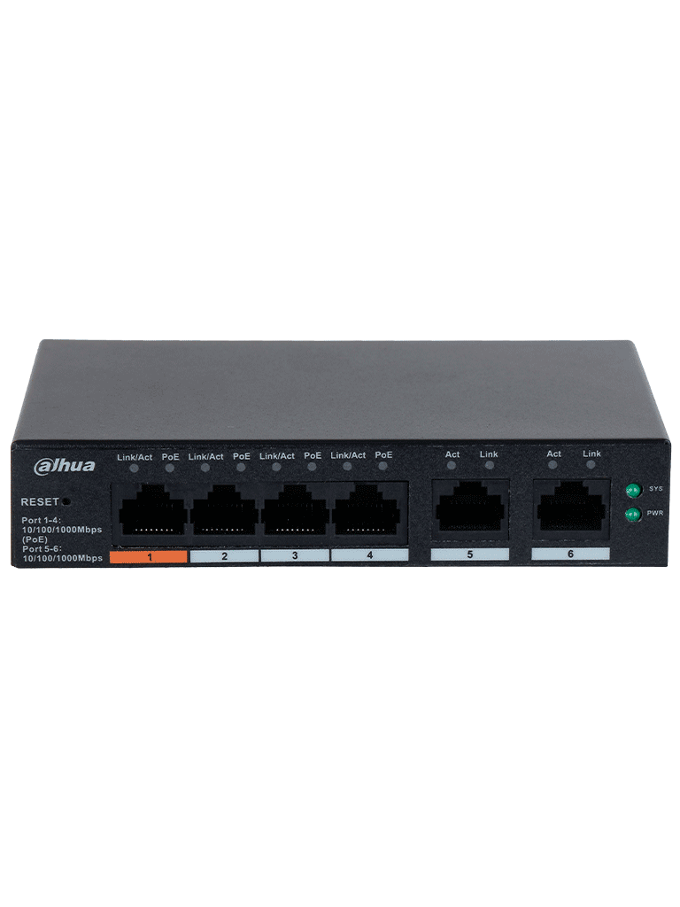 DAHUA CS4006-4GT-60 - Switch PoE de 6 Puertos Gigabit/ 4 Puertos PoE 10/100/1000/ 2 Puertos Uplink 10/100/1000/ 60 Watts Totales/ Administrable en la Nube por DoLynk Care/ PoE Hasta 250 Metros/ Carcasa Metalica/ Switching 12 Gbps #MCI2 #RMM