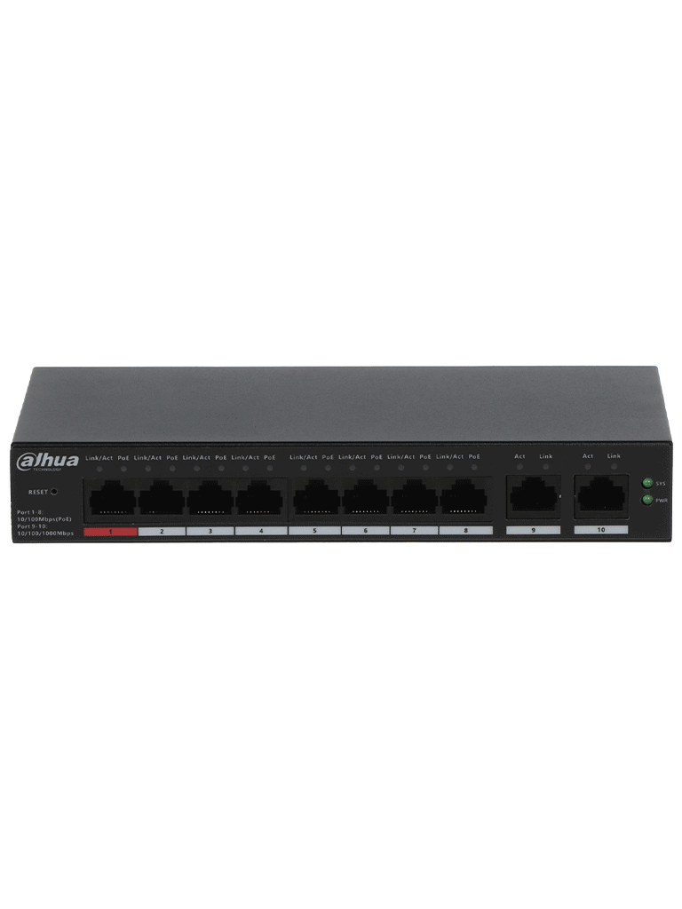 DAHUA CS4010-8ET-110 -  Switch Poe de 10 Puertos/ 8 Puertos PoE 10/100/ 2 Puertos Uplink 10/100/1000/ 110 Watts Totales/ Administrable en la Nube por DoLynk Care/ PoE 250 Metros/ Carcasa Metalica/ Switching 5.6 Gbps/