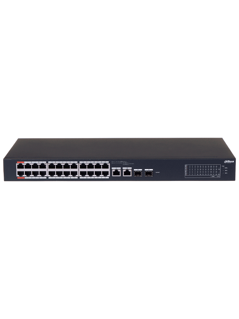 DAHUA CS4226-24ET-240 - Switch PoE de 26 Puertos/ 24 Puertos PoE 10/100/ 2 Uplink 10/100/1000 + 2 Puertos SFP/ 240 Watts Totales/ / Administrable en la Nube por DoLynk Care/ PoE Hasta 250 Metros/ Carcasa Metalica/ Switching 8.8 Gbps/