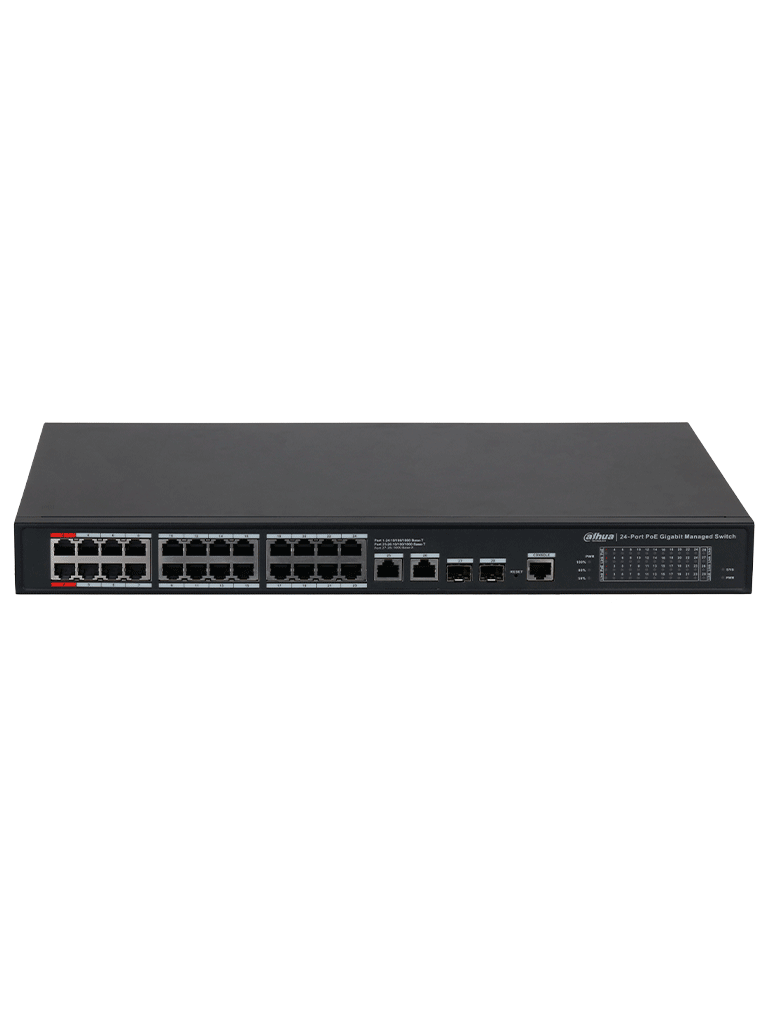 DAHUA DH-S4228-24GT-240 Switch PoE Gigabit Administrable con 24 puertos PoE, ideal para transmisión de larga distancia (hasta 250 m), perfecto para redes de Capa 2 #REM