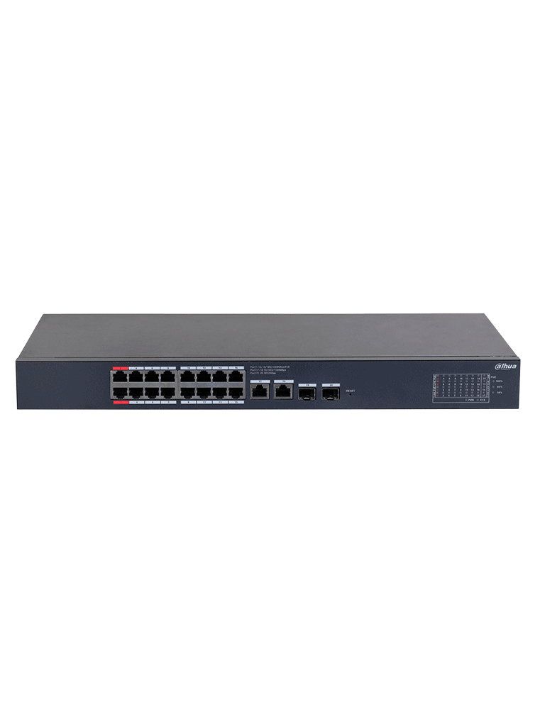 DAHUA DH-CS4220-16GT-135 Switch Poe de 16 Puertos Gigabit/ Poe Inteligente/ Puerto Rojo de 90W/ 135 Watts Totales/ 2 Puertos SFP/Poe Watchdog/ Switching 40 Gbps/ Protección de Descargas/ Plataforma DoLynk Care