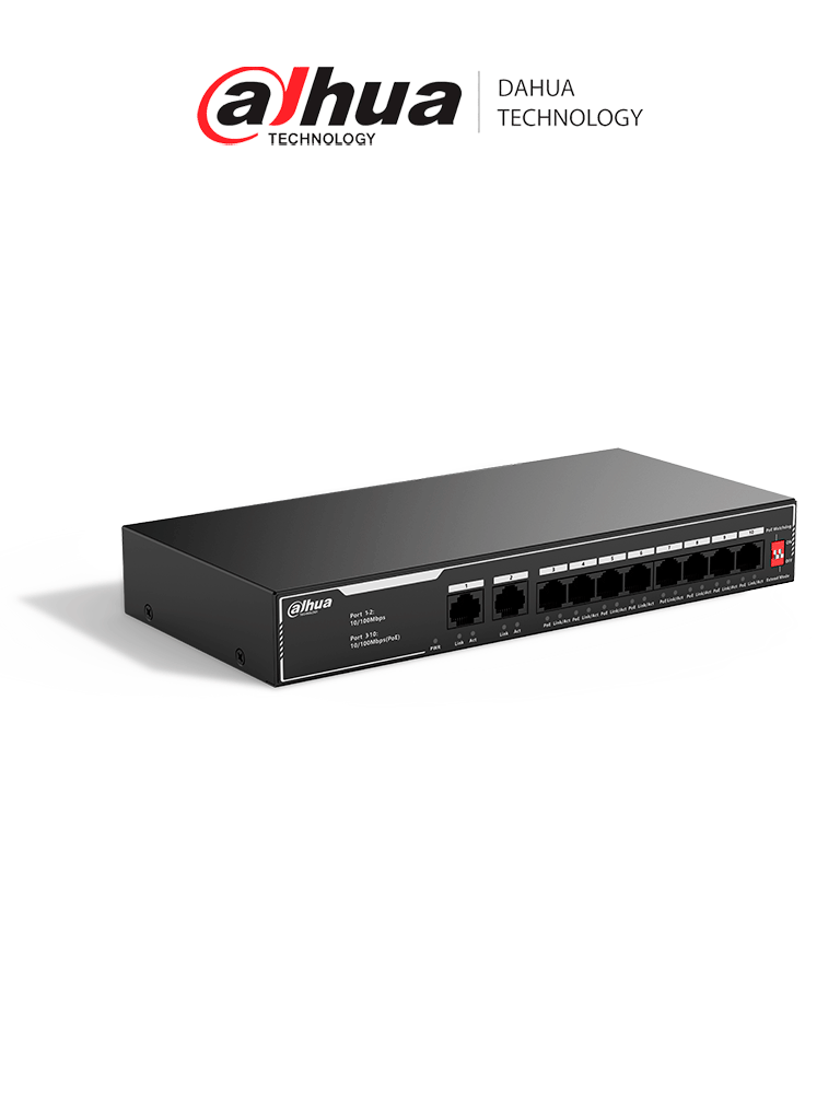 DAHUA SF1010LP - Switch PoE de 10 Puertos Fast Ethernet/ 8 Puertos PoE 10/100 / 65 Watts Totales / 2 Puertos Uplink RJ-45/ PoE watchdog/ Hasta  250 metros/ Switching 12 Gbps/ Protección Contra Descargas