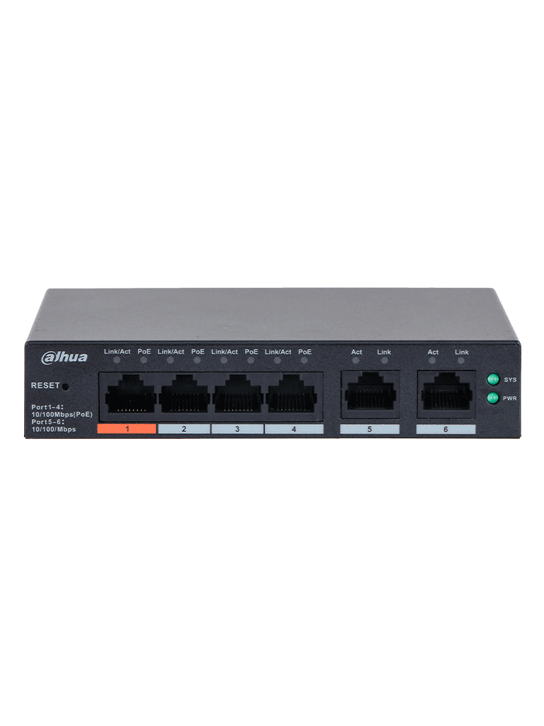DAHUA DH-CS4006-4ET2ET-60 - Switch PoE de 6 Puertos Administrable con 4 PoE (10/100 Mbps) y 2 uplink (10/100 Mbps). Total de 65 W PoE, administración en la nube con DoLynk Care, carcasa metálica robusta, ideal para redes IP.#LoNuevo