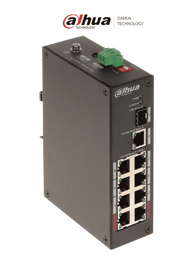 DAHUA PFS3110-8ET-96 - Switch PoE de 10 Puertos/ 8 Puertos PoE/ 1 Puerto SFP de 1000 Mbps/ 1 Puerto Puerto RJ45 10/100/1000/ 96 Watts Totales/  Soporta PoE Watchdog/ Switching 7.6 Gbps/ Tasa de Reenvio de Paquetes de 4.17 Mbps/
