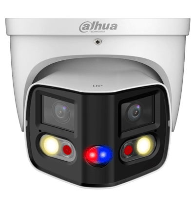 DAHUA IPC-PDW3849-A180-AS-PV Cámara IP WizSense Eyeball con multivisión en dos sensores de 4MP, ofreciendo un ángulo de 180°. Con IR de 25 m, LED de 20 m, disuasión activa, ePTZ, micrófono, altavoz, y protección IP67. #Pano180 #MV