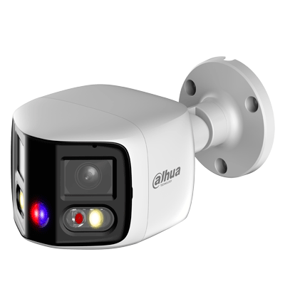 DAHUA IPC-PFW3849S-A180-AS-PV Cámara IP Bullet WizSense 2x4MP con visión de 180°, MultiVision, LED IR 25m y luz cálida 20m. Disuasión activa con micrófono dual y altavoz integrado, EPTZ, SMD 4.0, PoE, IP67, y ranura MicroSD. Ideal para seguridad avanzada.