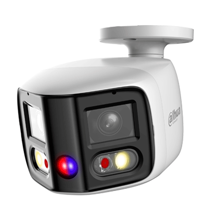 DAHUA IPC-PFW3849S-A180-AS-PV Cámara IP Bullet WizSense 2x4MP con visión de 180°, MultiVision, LED IR 25m y luz cálida 20m. Disuasión activa con micrófono dual y altavoz integrado, EPTZ, SMD 4.0, PoE, IP67, y ranura MicroSD. Ideal para seguridad avanzada.