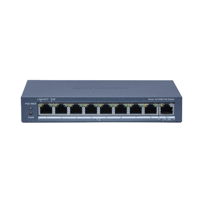 Switch PoE+ / Monitoreable / 8 Puertos 10/100 Mbps PoE+ / 1 Puerto 1000 Mbps de Uplink / Configuración Nube Hik-PartnerPro / Modo Extendido hasta 300 Metros / 110 W