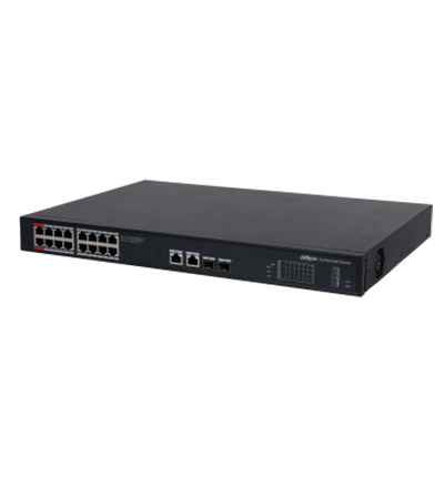 DAHUA PFS3220-16GT-190 - Switch Poe de 16 Puertos Gigabit/ Poe Inteligente/ Puerto Rojo de 90W/ 190 Watts Totales/ 2 Puertos SFP Opticos/ Protocolos Poe:IEEE802.3af, IEEE802.3at, Hi-PoE, IEEE802.3bt/ Switching 52 Gbps/ Protección de Descargas/