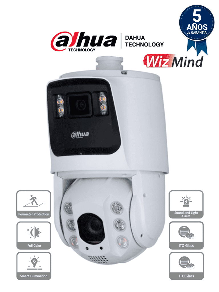 DAHUA DH-SDT7C424-4F - Cámara IP PTZ Dual de 4 MP/ 24x de Zoom óptico / Iluminadores dual 30 m de luz visible y 150 m de IR/ FullColor/ Detección de Rostros /Autotracking /Disuasión activa con luz y sirena/Protección perimetral #XCDAHUA #MV