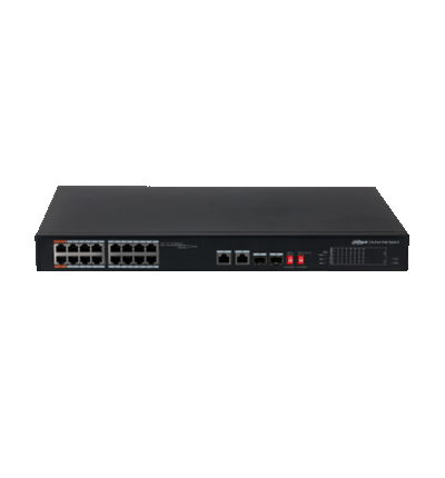 DAHUA PFS3218-16ET-135 - Switch Poe Ethernet de 18 puertos/ 16 puertos PoE 10/100 Mbps/ 135 Watts Totales/  2 Puertos SFP/ PoE Watchdog/ Switching 7.2 Gbps/ Tasa de Reenvio de Kits 5.3568/
