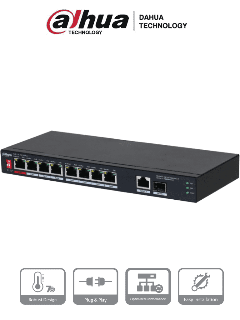 DAHUA PFS3110-8ET1GT1GF-96 -Switch PoE de 10 Puertos/8 Puertos Poe 10/100/1Puerto SFP de1000 Mbps/1 Puerto Uplink de 10/100/1000/ 96 Watts Totales/ Alimentación hasta 250 Mts/Soporta PoE Whatchdog/Puerto Rojo soporta IEEE 802.3bt/#SwitchD2 #REM #MCI2 #RMM