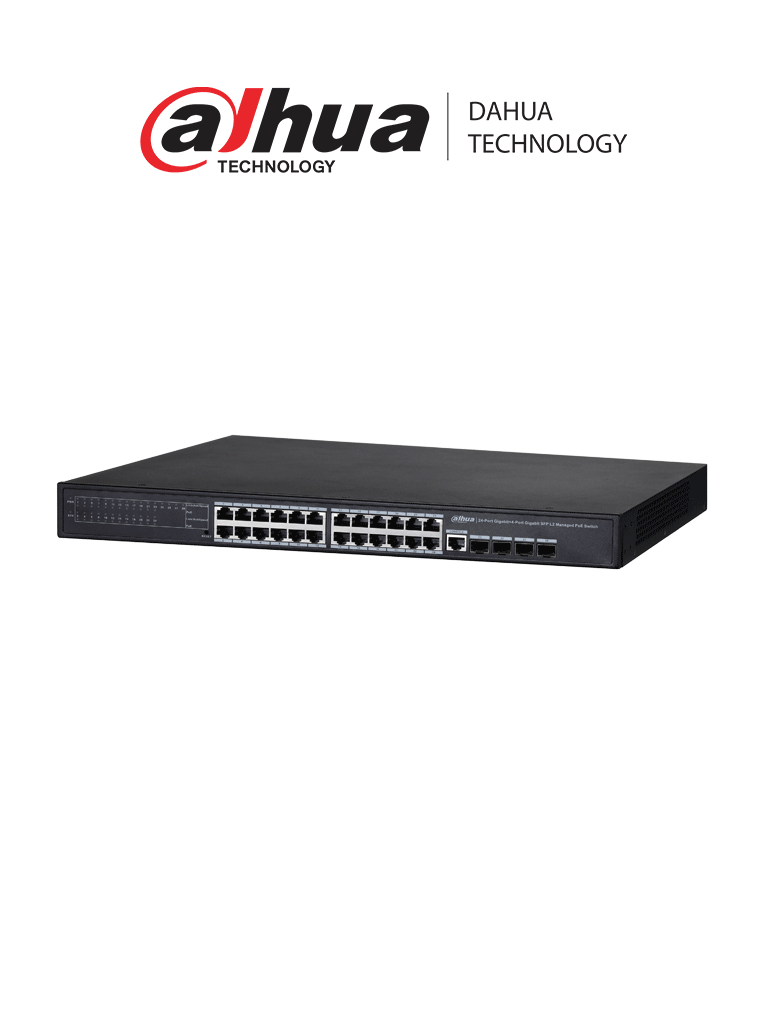 DAHUA PFS4428-24GT-370 - Switch Gigabit PoE de 24 puertos, administrable de capa 2, con 370W totales y 4 puertos SFP 1000 Base-X. Capacidad de switching de 56 Gbps, ideal para redes empresariales exigentes #REM